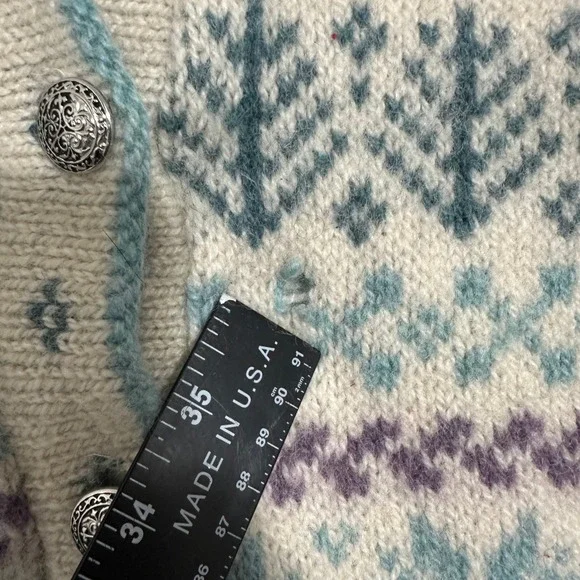 L.L. Bean Vintage Nordic Wool Cardigan Fair Isle Teal Cream Womens Size XL - Picture 4 of 10